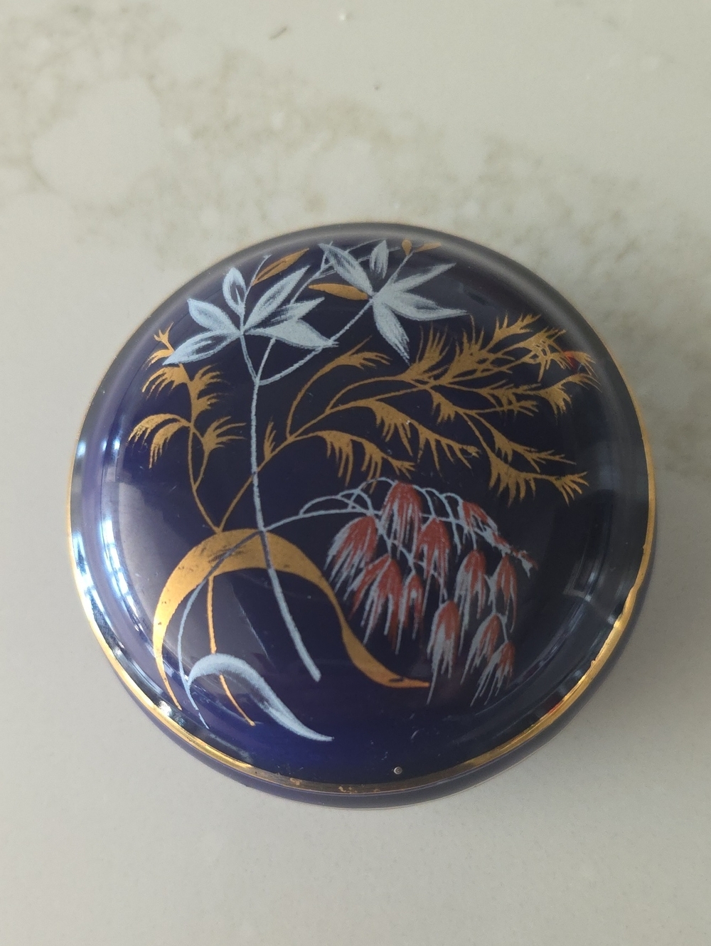 Vintage Veritable Bleu De Four Cobalt Blue Hand Painted Lidded Trinket Box